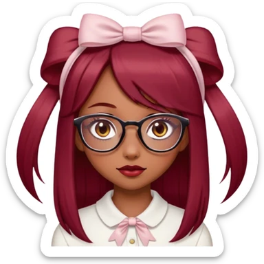 Beautiful girl with light brown skin, almond-shaped eyes, long straight hair, "dark cherry red" hair color, delicate and pretty glasses, small bow on her head and clean girl aesthetics  sticker