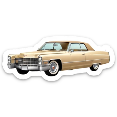 Elegant beige 1966 Cadillac DeVille with sharp details, consistent 30-degree perspective showing front and side, vintage luxury car styling, from Tarantino's Once Upon a Hollywood, iOS emoji style sticker