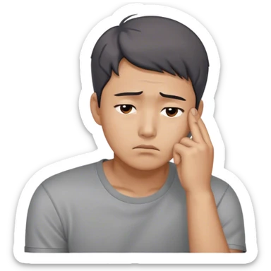 A worried Korean man in a gray shirt, resting his head on one hand sticker