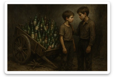 Bir g'ildiragi singan ichimliklar ortilgan arava uning yonida aka uka bir biriga havotirli nigoh bilan qarab turibdi realistik uslubda yuzi ko'rinmasin sticker