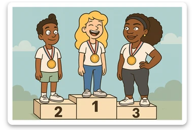 winners podium girl yellow hair Olympic Gold Medal a boy brown skin black Classic Curl hair Olympic Gold Medal Serena Williams Olympic Gold Medal  sticker