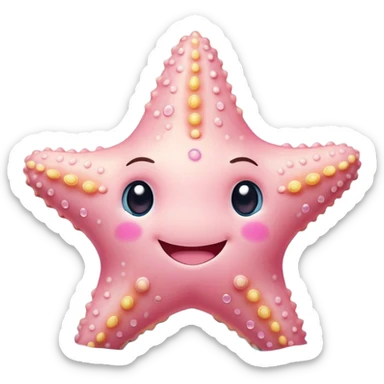 Cinematic cute round starfish, pastel pink, soft bumpy texture, tiny happy face, slightly tilted, glowing warmly, sparkling with gentle ocean magic. sticker