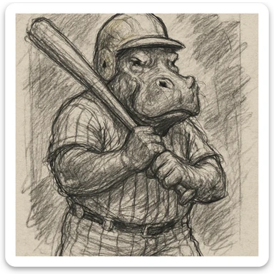 hippo holding a baseball bat, wearing a yellow helmet, pinstripes outfit sticker