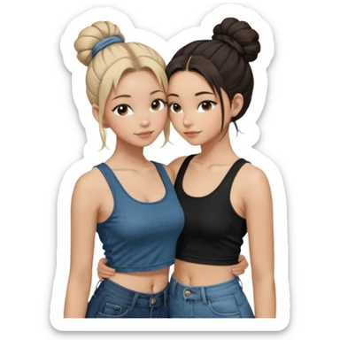 Pose: Two girls hugging forehead to forehead. Both are slim and look very close. 	•	Girl 1 	•	Hair: black, tied up in a bun. 	•	Outfit: long shiny jeans and a crop tank top. 	•	Girl 2 (Viksi): 	•	Hair: dark brown, long down to the waist, worn loose. 	•	Outfit: short leggings and a crop top. sticker