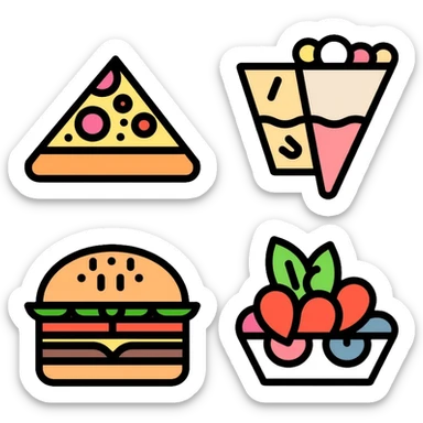 food icon set with pizza, burger, and salad sticker