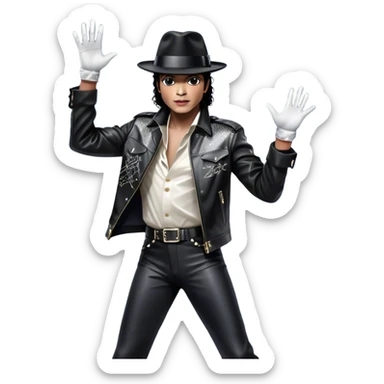 Icon of Michael Jackson as R&B legend: wearing a black fedora, sparkling glove, and leather jacket, striking a moonwalk pose. Background with musical notes and abstract patterns, capturing the energy and soul of R&B. Transparent background. sticker
