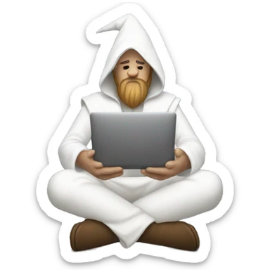 white Wizard sitting cross legged and doing deep work on a Macbook sticker