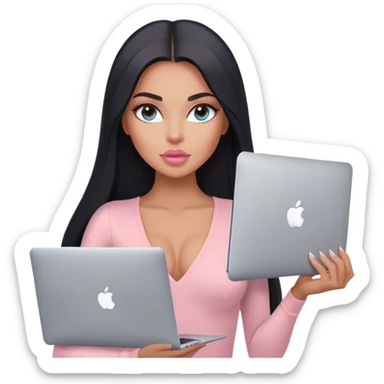 Glamours, tanned, very beautiful girl, with big pump peach-beige-rose lips, long lashes, black straight smooth silky long hair, straight parting hair, blue-grey eyes, in light-pink v-neck bodysuit holding MacBook sticker