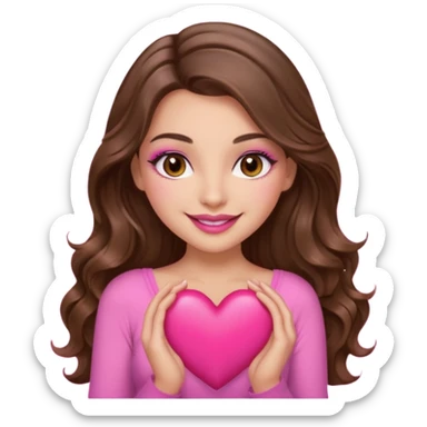 girl with long wavy brown hair, brown eyes, long lashes makeup, sexy pink lips, light to medium complexion, wearing a pink sexy top, smiling, holding a big heart sticker