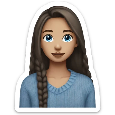 light skin, dark brown hair, blue eyes, long straight hair, girl wearing aesthetic sweater, goasses  sticker