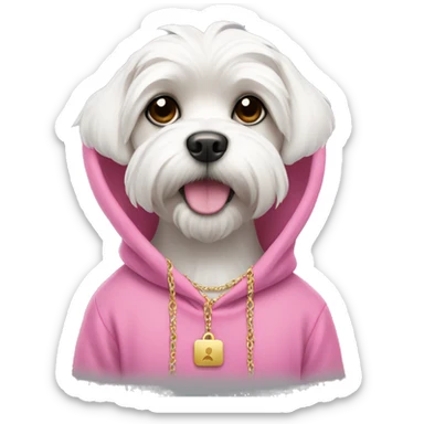 White Maltese wearing pink hoodie with gold necklace  sticker