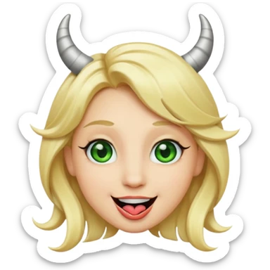 Emoji femme blonde cheveux blond, yeux vert avec de long cils noir qui a des cornes et tire la langue   sticker