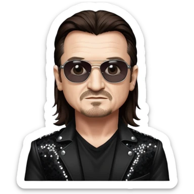 Bono with long dark brown hair, black sequin tour outfit sticker