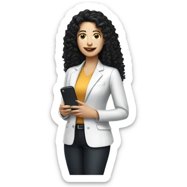 corporate white woman, long black curly hair, with a phone sticker