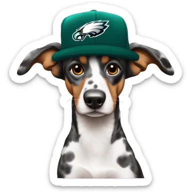 Brindle Merle Dacschund wearing Philadelphia Eagles hat sticker