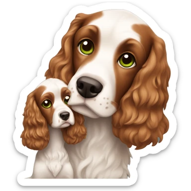 White Man with green eyes holding  brown cocker spaniel pappy sticker