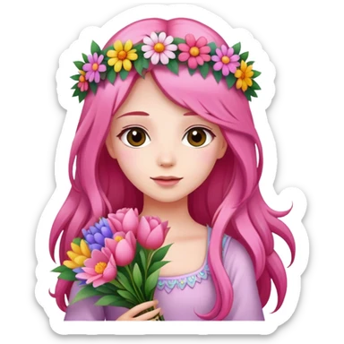Beautiful girl with pink long hair and a wreath holding a bouquet of flowers sticker