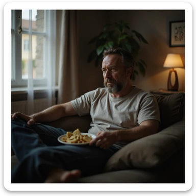 Uomo di 30 anni seduto sul divano che mangia patatine e beve bibita davanti alla TV, ambiente domestico disordinato, dettagli iperrealistici 4K, testo in italiano: 'Abitudine serale'. sticker