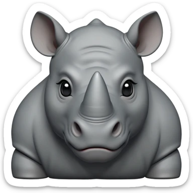 cinematic-noble-cute-rhino-portrait-emoji,slate-grey-hide-poised-and-regal,-with-a-massive,-powerful-build-and-a-thick,--deep-set-soulful-piercing-eyes,-simplified-yet-sharp-and-sophisticated-features,-highly-detailed,-large-black-eyes, white horn, front facing, zoomed out showing shoulders sticker