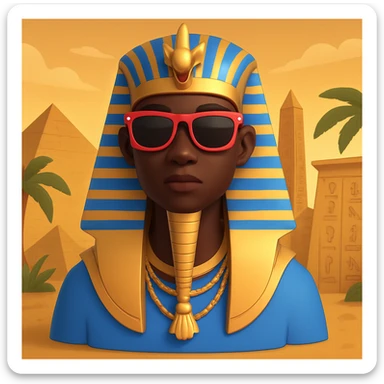 Add an Egyptian background behind the pharaoh with sunglasses and black skin, maintaining the 3D emoji style look. sticker