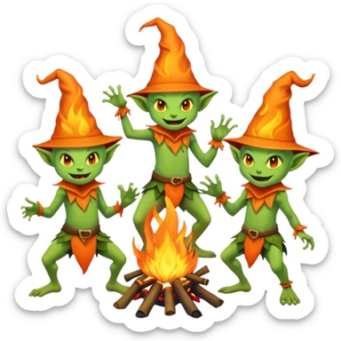Goblins dancing around a fire with white pointy hats sticker