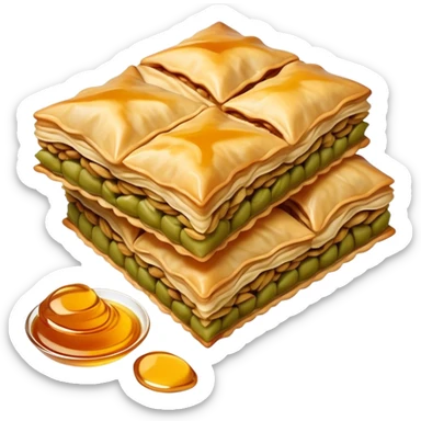 Cinematic Realistic Baklava Dessert Emoji, depicted as layers of flaky pastry with honey and nuts rendered with rich textures and warm, inviting lighting. sticker