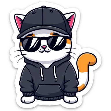 cat wearing a black snapback cap and black hoodie, with black sunglasses positioned low on his nose, winking one eye while looking directly at the viewer over the top of his sunglasses with a mischievous expression, doing graffiti with spray paint sticker