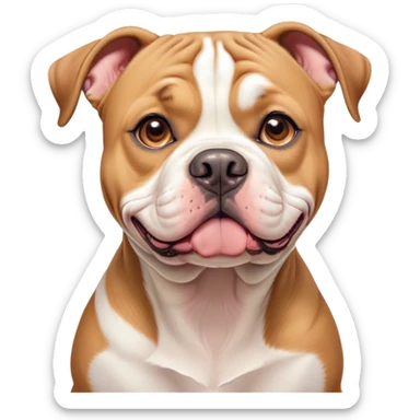 Cinematic Cute Solid Tan American Bulldog Portrait Emoji, Head tilted playfully and inquisitively, smooth tan fur with a healthy sheen, round, sparkling brown eyes filled with curiosity, Simplified yet irresistibly adorable features, highly detailed, glowing with a warm, friendly glow, high shine, affectionate and lively, stylized with a touch of whimsy, bright and endearing, soft glowing outline, capturing the essence of a mischievous yet loving pup, so playful it feels like it could bound out of the screen and into your arms! sticker