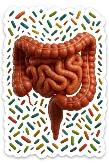 intestino umano anatomico con batteri intestinali che gli fluttuano intorno, iperrealistico 4k sticker