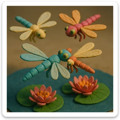 claymation style dragonfly family flying in a circle above water lilies, colorful and whimsical, soft lighting sticker