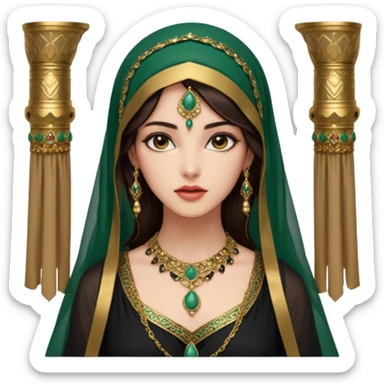 Mujer joven, morena, de gran belleza y porte misterioso.
 mirada intensa y fija; labios marcados.
 Negro, largo, suele ir cubierto parcialmente por un velo
 Ropa de inspiración árabe: túnica colorida (rojo, dorado, verde esmeralda), con detalles dorados o lentejuelas; brazaletes y pendientes. sticker