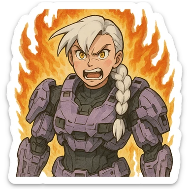 making an angry scowl rage face, rage aura,  female, wearing reach spartan armor shoulder-unequip, long white braid hair with massive messy front side single bangs, gold yellow eyes, attention pose, D-cup size, HALO:series, no helmet, the armor is lavender color scheme, sticker