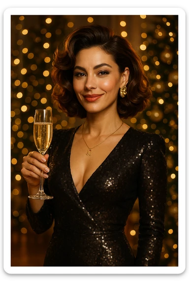 leo zodiac woman holding a glass of champagne, elegant, confident, warm smile, stylish hair, festive atmosphere sticker