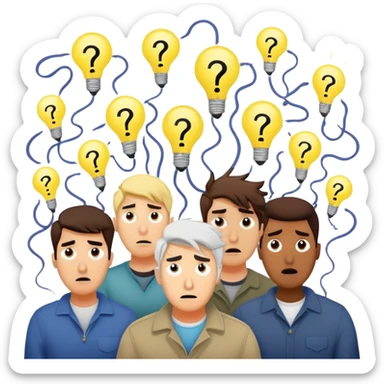 Group of men with chaotic minds, swirling tornadoes of tangled thoughts around their heads, containing question marks, light bulbs, and scribbles. The men have bewildered, overwhelmed expressions. sticker
