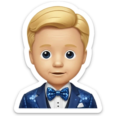 Mickey Rooney with golden blonde hair, dark blue sequin suit with bow tie sticker