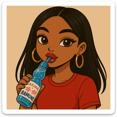 Headshot of a 20-year-old anime Bratz style woman with dark skin, straight hair, trendy outfit, glossy lips, no hat, no tears, happy expression, both eyes open, looking straight ahead, drinking blue Ramune soda labeled 'Sakura'. Change her eyes to brown and her shirt to red. sticker