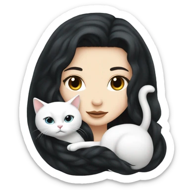 A pretty white girl with very long black hair and sleeping curled up to a white cat  sticker