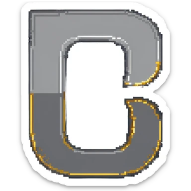 Pixelated letter C in various shades of gray, with golden pixel halo above it, 8-bit style sticker