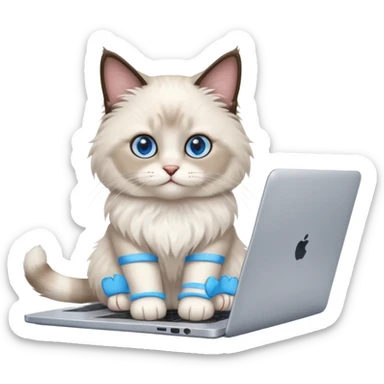 Cute ragdoll cat on a laptop. Should sit on top of the laptop, cat is way bigger than the laptop. Could walk on the laptop or sit sticker