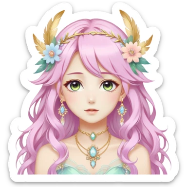 Beautiful gorgeous anime lady with beautiful pastel-special-hair, fashion aesthetic, ethereal, fairycore, pastelcore, feather, flower, crystals, accessories, gold jewelries, gold, colorful, gold laurel, gold halo, cottagecore,  sticker