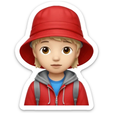 Little student wears red bucket hat and jacket, backpack, shy sticker