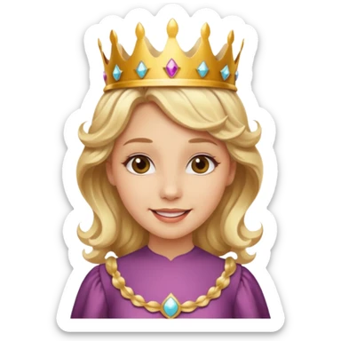 Cheerful blonde princess with wavy hair and light gold dress, wearing crown sticker