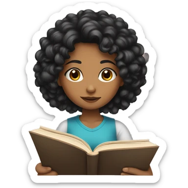 Girl with black curly hair reading a book sticker