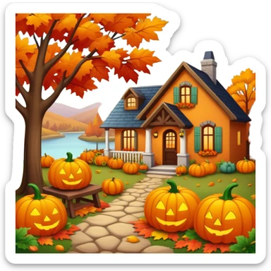 autumn fall scene with colorful leaves, pumpkins, and cozy atmosphere sticker