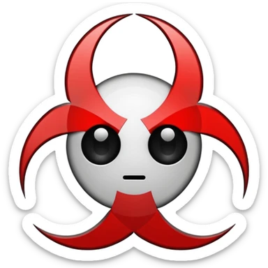 Minimalist emoji-style sticker of a fractured biohazard symbol with a small eye in the center. Stylized, geometric, no text.
 sticker