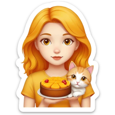 Beautiful girl holding a mango cake and a kitten sticker
