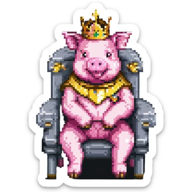 pixel art pig with a golden crown sitting on a throne, blocky and square like Minecraft, inspired by Technoblade sticker