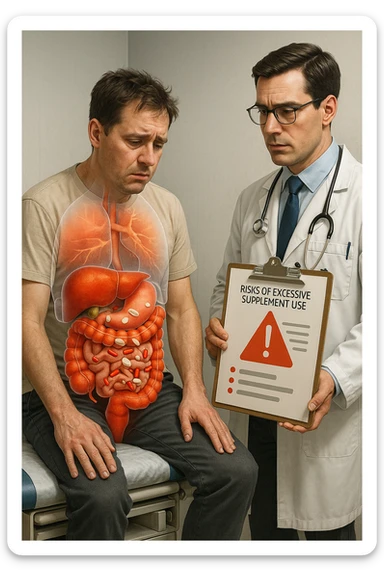a man sits on a doctor’s examination table, looking fatigued and uncomfortable. A transparent anatomical overlay reveals his liver and intestines, both appearing inflamed and congested, with stylized supplement capsules and pills scattered throughout the digestive tract. The doctor stands nearby, holding a chart that highlights the risks of excessive supplement use. The mood is clinical and educational. in italiano iperrealistica sticker