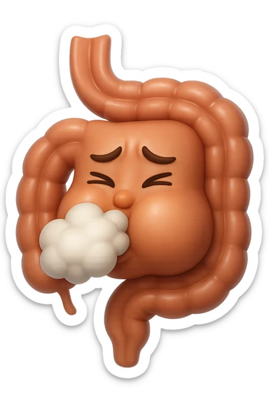 emoji stile iphone di un intestino che ingoia una nuvoletta di aria ben visibile e gli si gonfia la pancia, non fargli il naso, iperrealistico 4k sticker