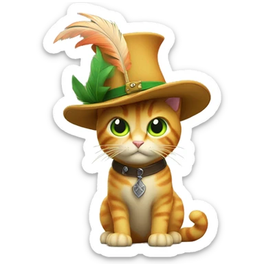 A 3D emoji of Puss in Boots, featuring a small, orange cat with big green eyes, wearing a feathered hat, boots, and a sword. He has a confident, playful expression sticker